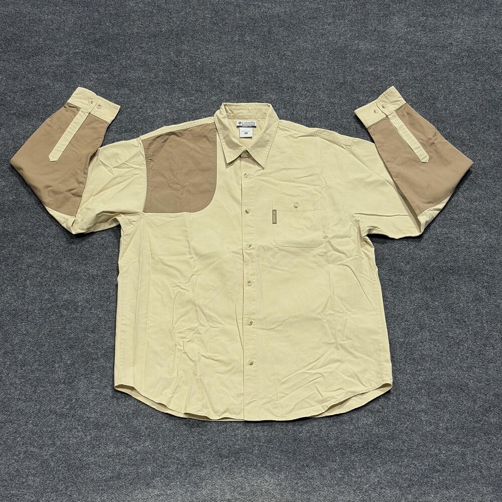 Columbia Shirt Mens XL Tan Brown Shooting Hunting Button Up Padded Elbow Patch